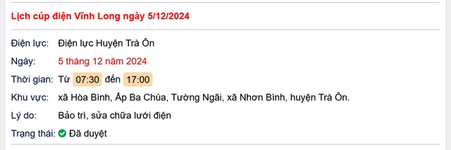 Lịch cúp điện hôm nay Thứ 5 ngày 5/12/2024 tại Vĩnh Long- Ảnh 1. Lịch cúp điện hôm nay Thứ 5 ngày 5/12/2024 tại Vĩnh Long- Ảnh 1.