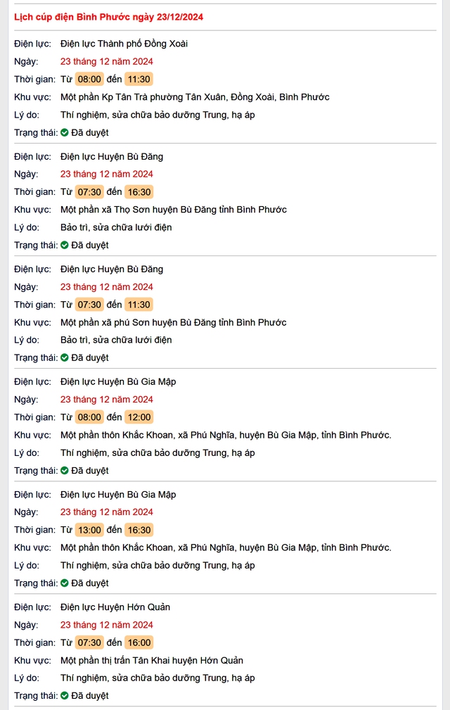 Lịch cúp điện hôm nay Thứ 2 ngày 23/12/2024 tại Bình Phước- Ảnh 1.