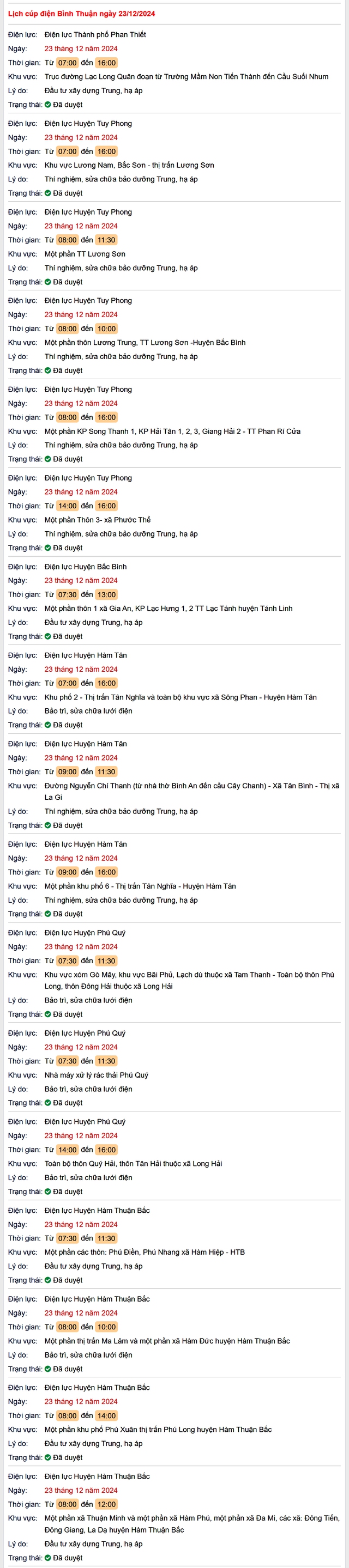 Lịch cúp điện hôm nay Thứ 2 ngày 23/12/2024 tại Bình Thuận- Ảnh 1.