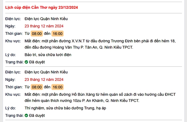Lịch cúp điện hôm nay Thứ 2 ngày 23/12/2024 tại Cần Thơ- Ảnh 1. Lịch cúp điện hôm nay Thứ 2 ngày 23/12/2024 tại Cần Thơ- Ảnh 1.