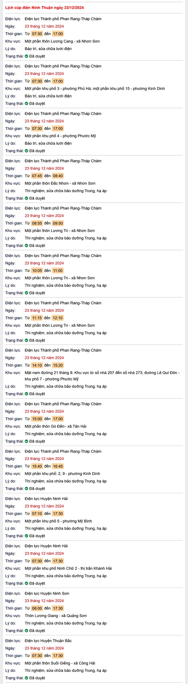 Lịch cúp điện hôm nay Thứ 2 ngày 23/12/2024 tại Ninh Thuận- Ảnh 1. Lịch cúp điện hôm nay Thứ 2 ngày 23/12/2024 tại Ninh Thuận- Ảnh 1.