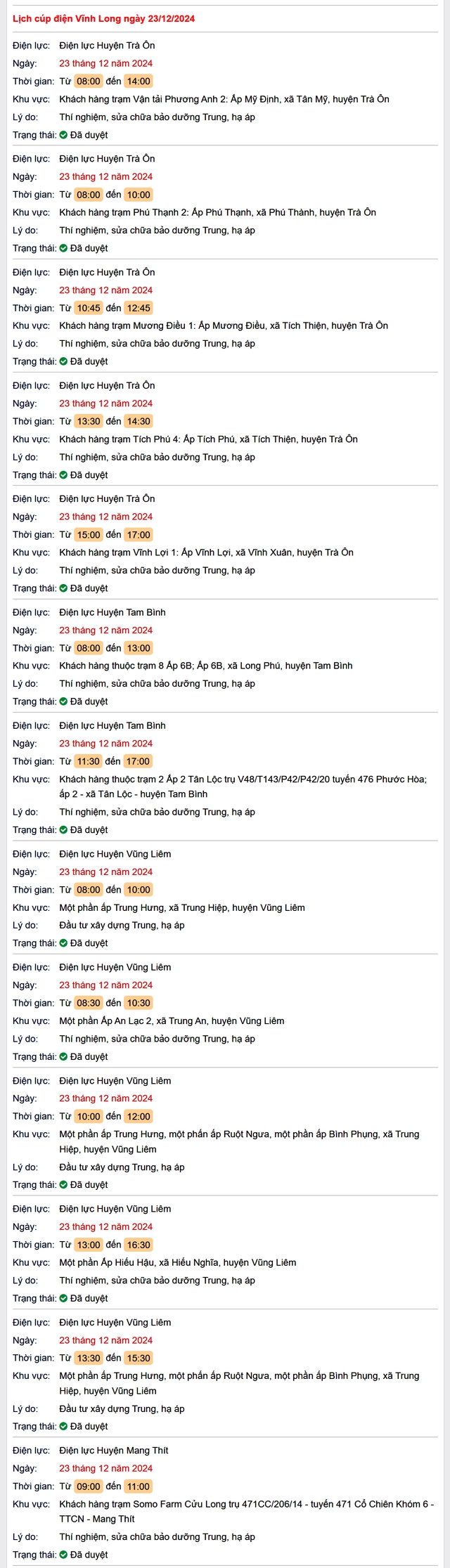 Lịch cúp điện hôm nay Thứ 2 ngày 23/12/2024 tại Vĩnh Long- Ảnh 1.