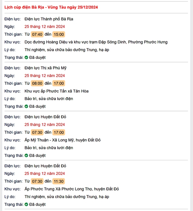 Lịch cúp điện hôm nay Thứ 4 ngày 25/12/2024 tại Bà Rịa - Vũng Tàu- Ảnh 1. Lịch cúp điện hôm nay Thứ 4 ngày 25/12/2024 tại Bà Rịa - Vũng Tàu- Ảnh 1.