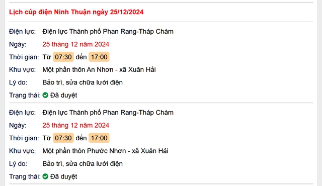 Lịch cúp điện hôm nay Thứ 4 ngày 25/12/2024 tại Ninh Thuận- Ảnh 1. Lịch cúp điện hôm nay Thứ 4 ngày 25/12/2024 tại Ninh Thuận- Ảnh 1.