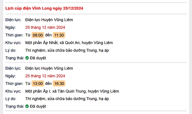 Lịch cúp điện hôm nay Thứ 4 ngày 25/12/2024 tại Vĩnh Long- Ảnh 1.