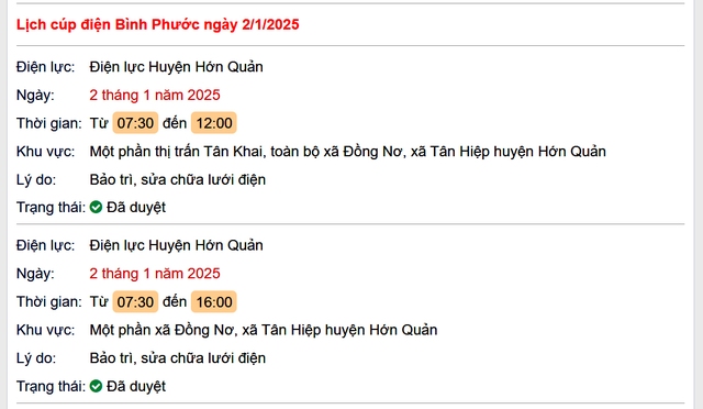 Lịch cúp điện hôm nay Thứ 5 ngày 2/1/2025 tại Bình Phước- Ảnh 1. Lịch cúp điện hôm nay Thứ 5 ngày 2/1/2025 tại Bình Phước- Ảnh 1.
