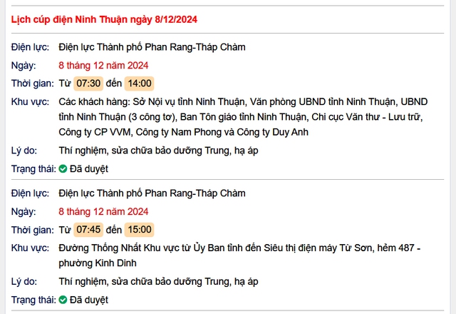 Lịch cúp điện hôm nay Chủ Nhật ngày 8/12/2024 tại Ninh Thuận- Ảnh 1. Lịch cúp điện hôm nay Chủ Nhật ngày 8/12/2024 tại Ninh Thuận- Ảnh 1.