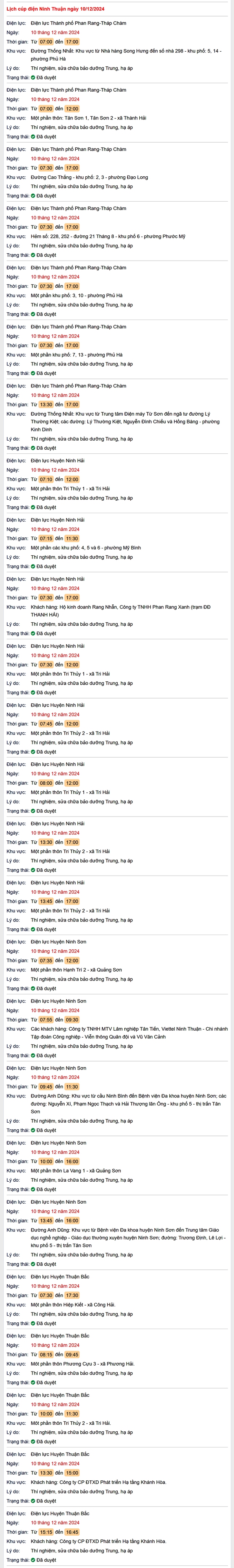 Lịch cúp điện hôm nay Thứ 3 ngày 10/12/2024 tại Ninh Thuận- Ảnh 1. Lịch cúp điện hôm nay Thứ 3 ngày 10/12/2024 tại Ninh Thuận- Ảnh 1.