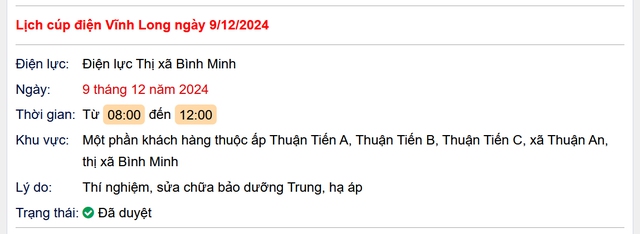 Lịch cúp điện hôm nay Thứ 2 ngày 9/12/2024 tại Vĩnh Long- Ảnh 1.