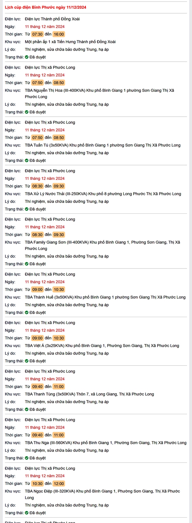 Lịch cúp điện hôm nay Thứ 4 ngày 11/12/2024 tại Bình Phước- Ảnh 1. Lịch cúp điện hôm nay Thứ 4 ngày 11/12/2024 tại Bình Phước- Ảnh 1.
