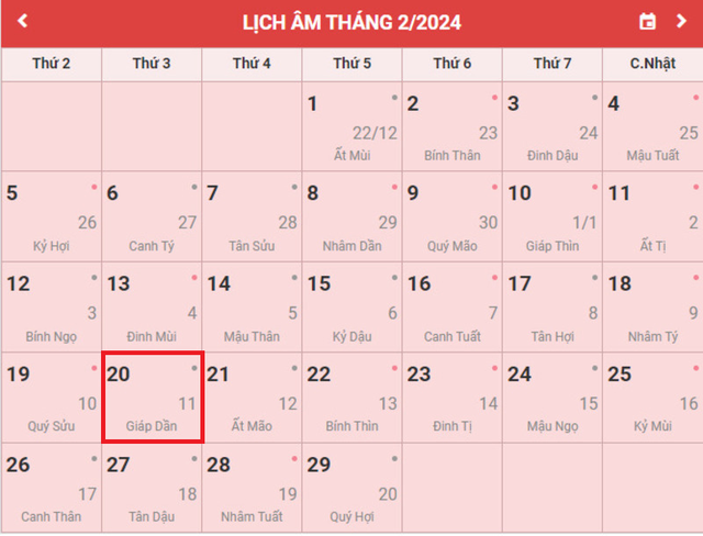 Lịch âm 20/2 - Âm lịch hôm nay 20/2 - Lịch vạn niên ngày 20/2/2024- Ảnh 1.