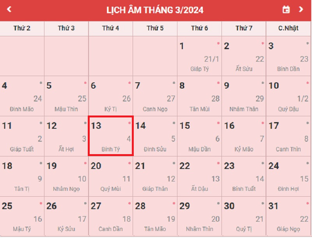 Lịch âm 13/3 - Âm lịch hôm nay 13/3 - Lịch vạn niên ngày 13/3/2024- Ảnh 1. Lịch âm 13/3 - Âm lịch hôm nay 13/3 - Lịch vạn niên ngày 13/3/2024- Ảnh 1.