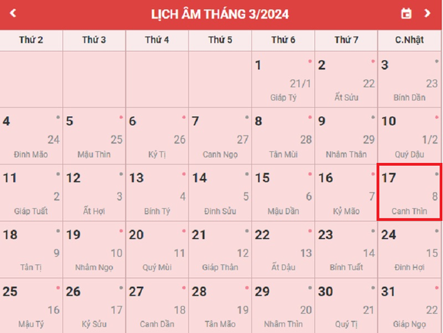 Lịch âm 17/3 - Âm lịch hôm nay 17/3 - Lịch vạn niên ngày 17/3/2024- Ảnh 1. Lịch âm 17/3 - Âm lịch hôm nay 17/3 - Lịch vạn niên ngày 17/3/2024- Ảnh 1.