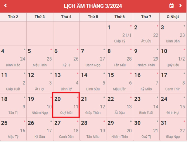 Lịch âm 20/3 - Âm lịch hôm nay 20/3 - Lịch vạn niên ngày 20/3/2024- Ảnh 1. Lịch âm 20/3 - Âm lịch hôm nay 20/3 - Lịch vạn niên ngày 20/3/2024- Ảnh 1.