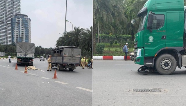 Xe tải đâm xe máy trên đại lộ Thăng Long, một phụ nữ tử vong- Ảnh 1.