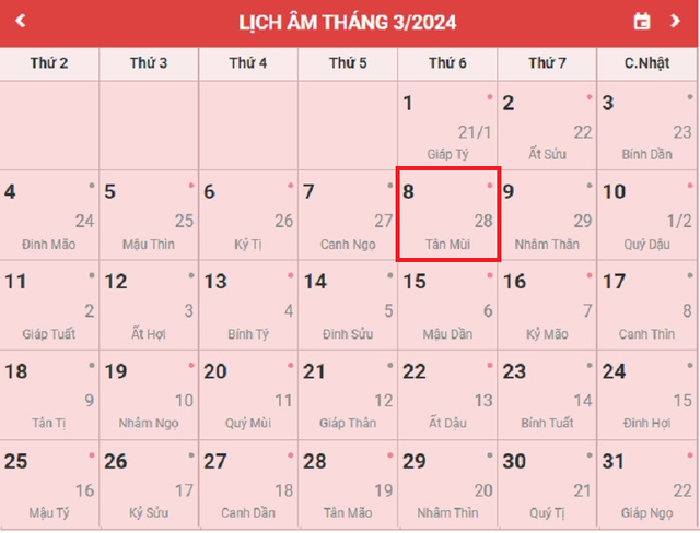 Lịch âm 8/3 - Âm lịch hôm nay 8/3 - Lịch vạn niên ngày 8/3/2024- Ảnh 1.