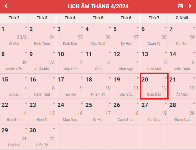 Lịch âm 20/4 - Âm lịch hôm nay 20/4 - Lịch vạn niên ngày 20/4/2024- Ảnh 1.