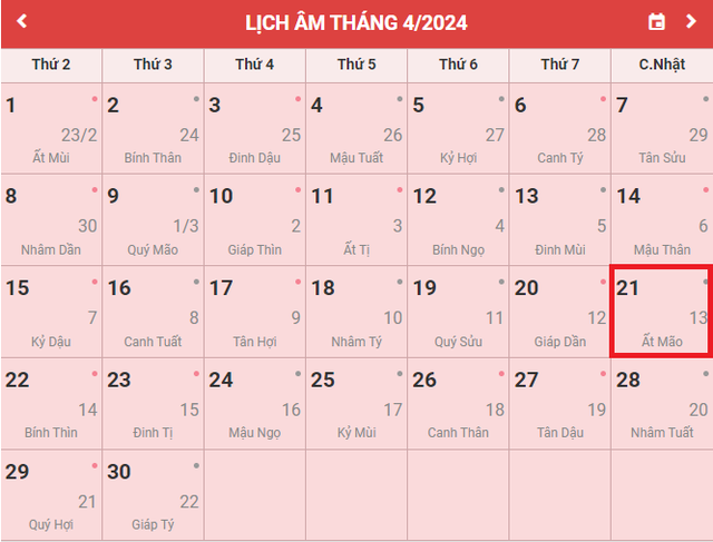 Lịch âm 21/4 - Âm lịch hôm nay 21/4 - Lịch vạn niên ngày 21/4/2024- Ảnh 1. Lịch âm 21/4 - Âm lịch hôm nay 21/4 - Lịch vạn niên ngày 21/4/2024- Ảnh 1.