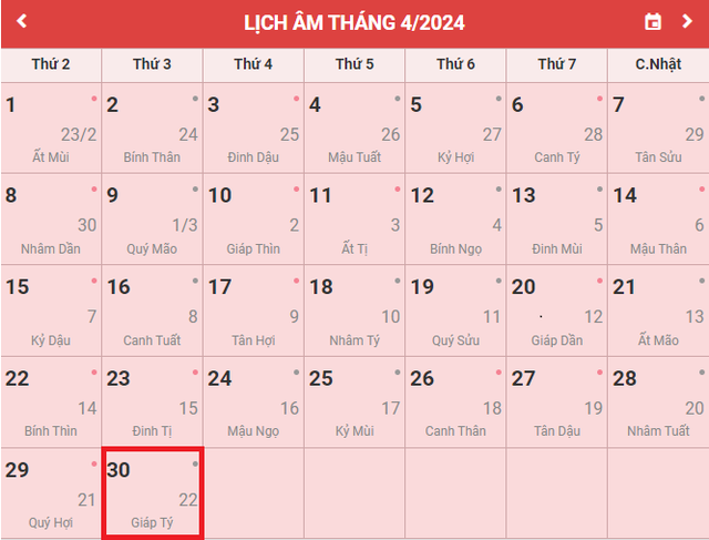 Lịch âm 30/4 - Âm lịch hôm nay 30/4 chính xác nhất - lịch vạn niên 30/4/2024- Ảnh 1.