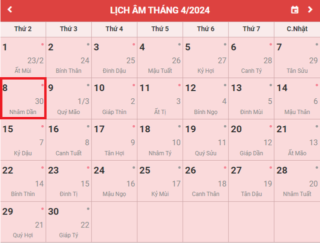 Lịch âm 8/4 - Âm lịch hôm nay 8/4 - Lịch vạn niên ngày 8/4/2024- Ảnh 1.