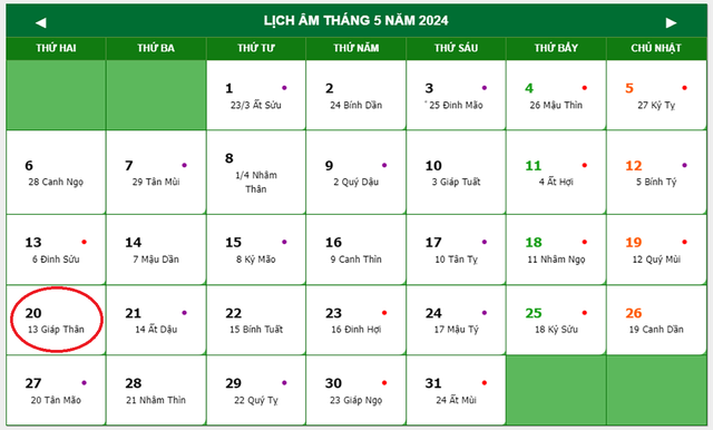 Lịch âm 20/5 - Âm lịch hôm nay 20/5 - Lịch vạn niên ngày 20/5/2024- Ảnh 1.