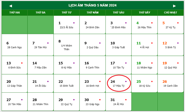 Lịch âm 24/5 - Âm lịch hôm nay 24/5 - Lịch vạn niên ngày 24/5/2024- Ảnh 1.