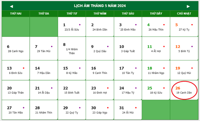 Lịch âm 26/5 - Âm lịch hôm nay 26/5 - Lịch vạn niên ngày 26/5/2024- Ảnh 1.