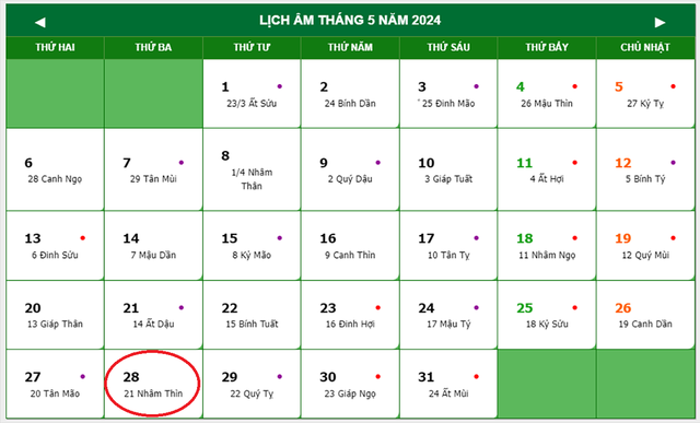 Lịch âm 28/5 - Âm lịch hôm nay 28/5 - Lịch vạn niên ngày 28/5/2024- Ảnh 1.