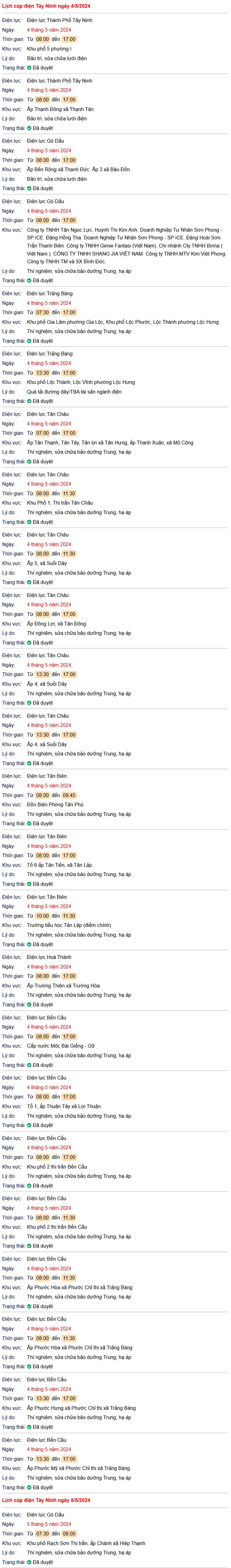 Lịch cúp điện tại Tây Ninh ngày 4-5/5: Nhiều ấp dân cư bị cúp điện cả ngày- Ảnh 1.