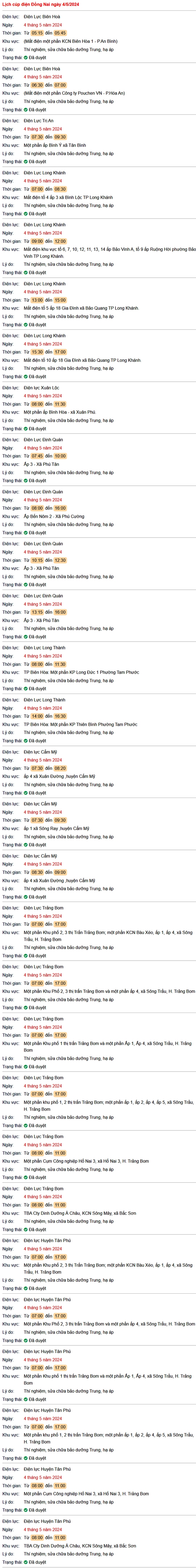 Lịch cúp điện Đồng Nai ngày 4-5/5: Nhiều khu dân cư bị cúp điện 2 ngày cuối tuần- Ảnh 1. Lịch cúp điện Đồng Nai ngày 4-5/5: Nhiều khu dân cư bị cúp điện 2 ngày cuối tuần- Ảnh 1.