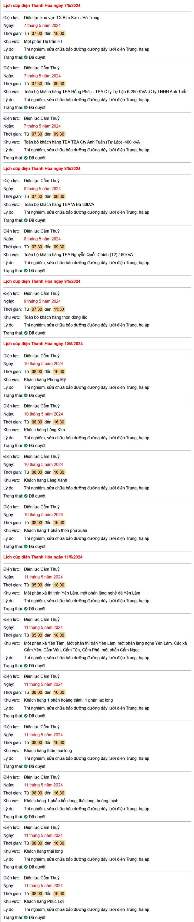 Lịch cắt điện tại Thanh Hóa từ ngày 7-11/5/2024: Nhiều nơi sẽ bị cắt điện cả ngày- Ảnh 1. Lịch cắt điện tại Thanh Hóa từ ngày 7-11/5/2024: Nhiều nơi sẽ bị cắt điện cả ngày- Ảnh 1.