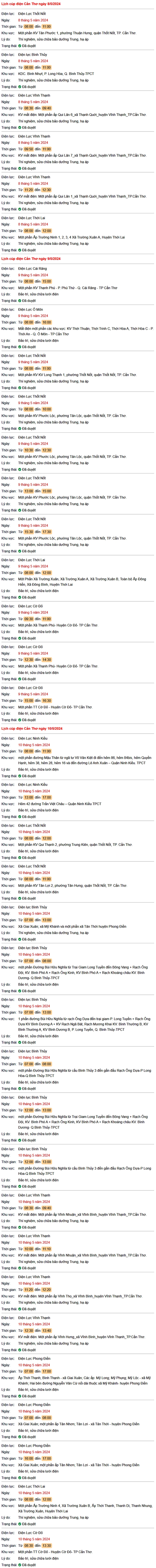 Lịch cúp điện Cần Thơ từ 8-10/5: Những khu vực nào sẽ bị cúp điện, thời gian cúp bao lâu?- Ảnh 1. Lịch cúp điện Cần Thơ từ 8-10/5: Những khu vực nào sẽ bị cúp điện, thời gian cúp bao lâu?- Ảnh 1.