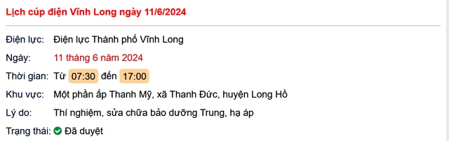 Lịch cúp điện hôm nay ngày 11/6 tại Vĩnh Long- Ảnh 1.