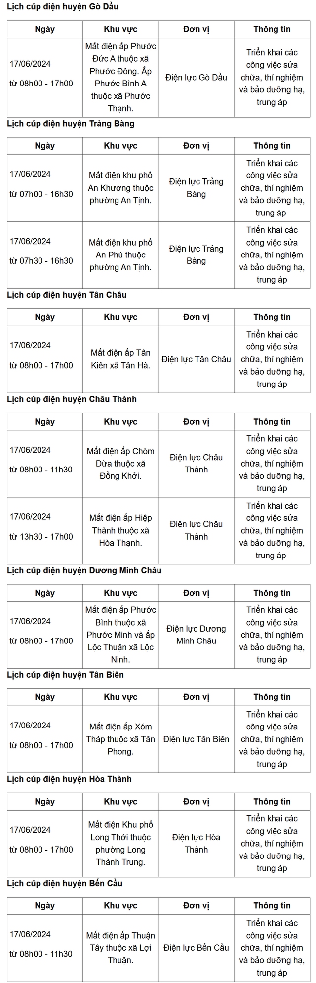 Lịch cúp điện hôm nay ngày 17/6 tại Tây Ninh- Ảnh 1.