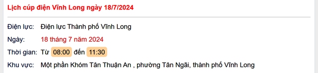 Lịch cúp điện Vĩnh Long hôm nay Thứ 5 ngày 18/7- Ảnh 1.