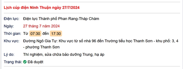 Lịch cúp điện Ninh Thuận hôm nay thứ 7 ngày 27/7- Ảnh 1.