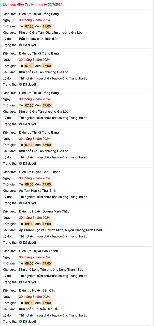 Lịch cúp điện Tây Ninh hôm nay Thứ 3 ngày 30/7- Ảnh 1. Lịch cúp điện Tây Ninh hôm nay Thứ 3 ngày 30/7- Ảnh 1.