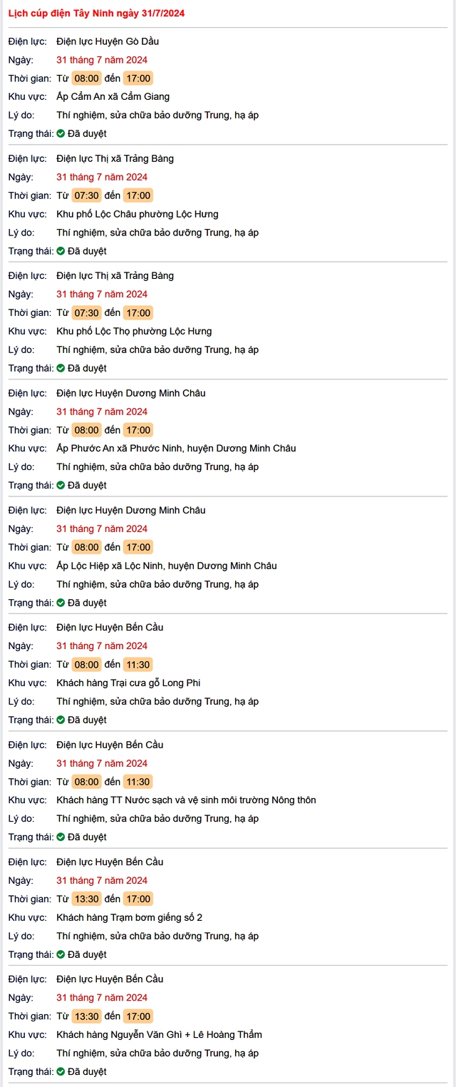 Lịch cúp điện Tây Ninh hôm nay Thứ 4 ngày 31/7- Ảnh 1. Lịch cúp điện Tây Ninh hôm nay Thứ 4 ngày 31/7- Ảnh 1.
