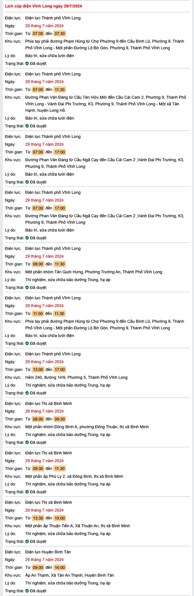 Lịch cúp điện Vĩnh Long hôm nay Thứ 2 ngày 29/7- Ảnh 1.