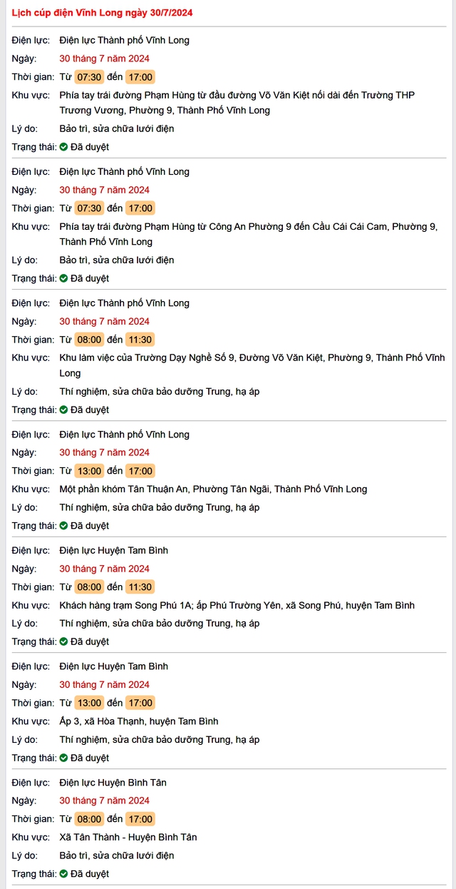 Lịch cúp điện Vĩnh Long hôm nay Thứ 3 ngày 30/7- Ảnh 1. Lịch cúp điện Vĩnh Long hôm nay Thứ 3 ngày 30/7- Ảnh 1.