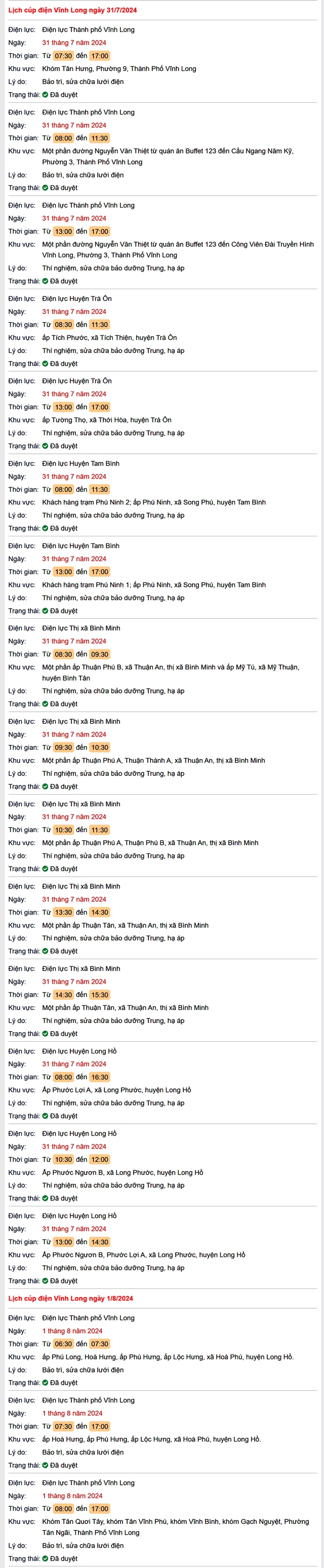 Lịch cúp điện Vĩnh Long hôm nay Thứ 4 ngày 31/7- Ảnh 1.