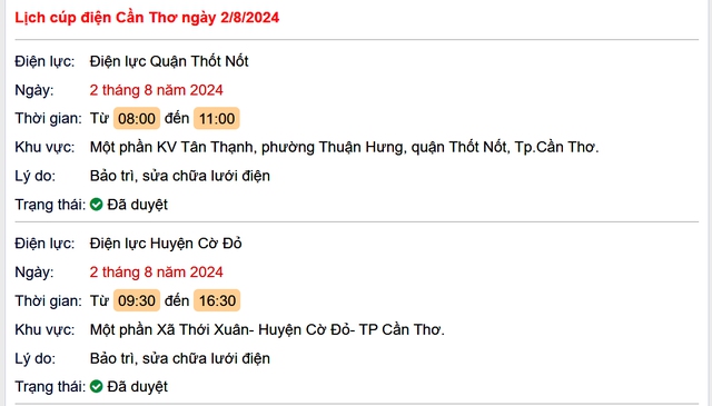 Lịch cúp điện Cần Thơ hôm nay Thứ 6 ngày 2/8- Ảnh 1.