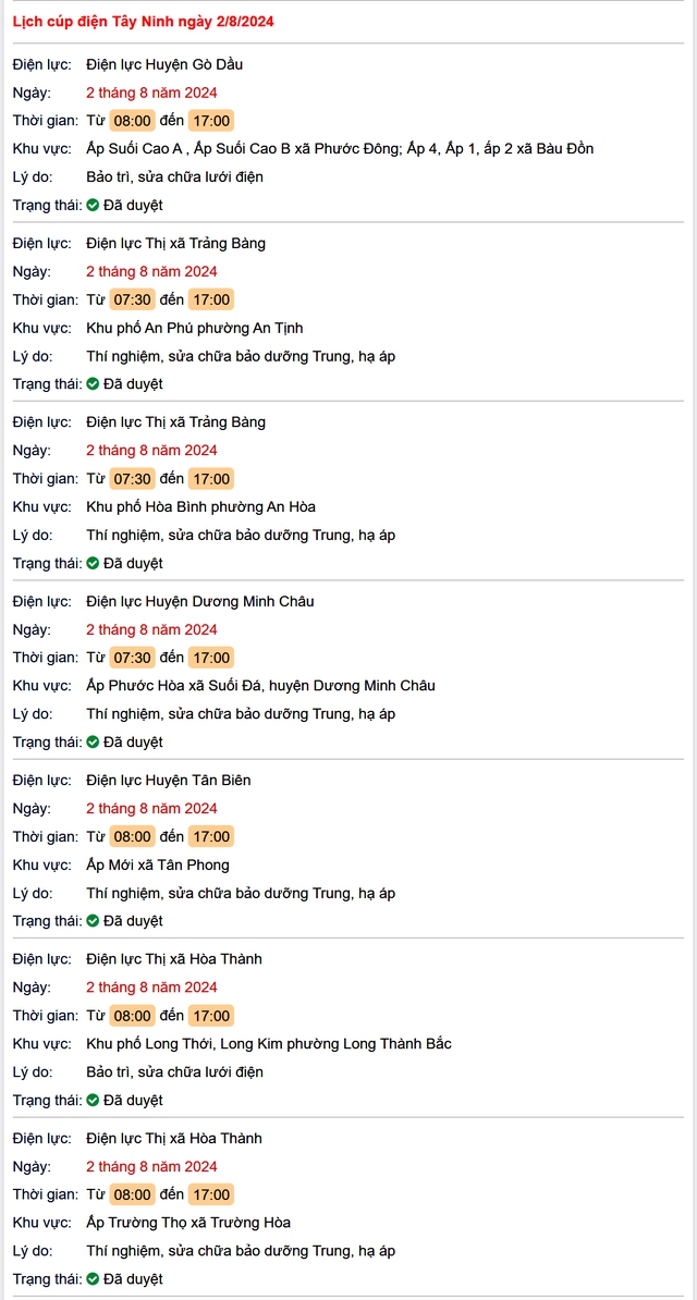 Lịch cúp điện Tây Ninh hôm nay Thứ 6 ngày 2/8- Ảnh 1.