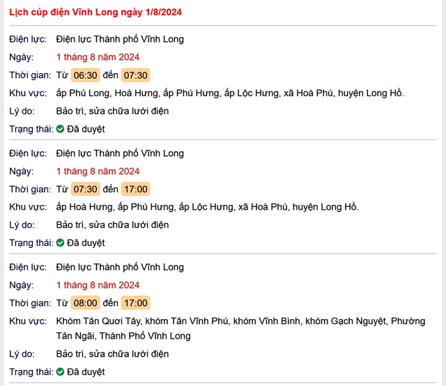 Lịch cúp điện Vĩnh Long hôm nay Thứ 5 ngày 1/8- Ảnh 1.