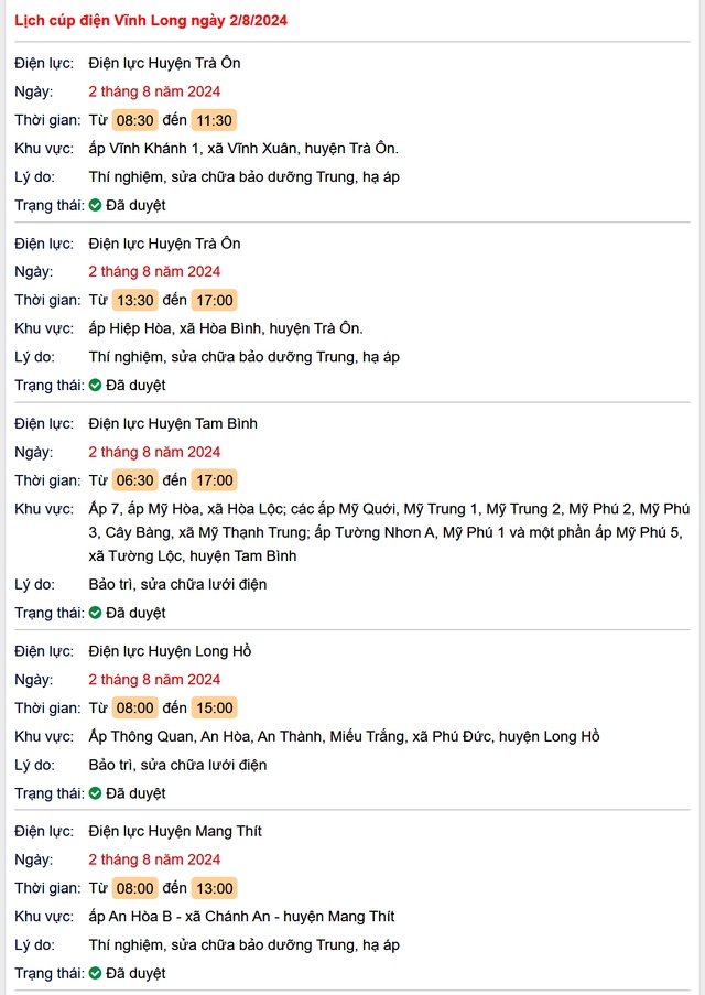 Lịch cúp điện Vĩnh Long hôm nay Thứ 6 ngày 2/8- Ảnh 1.