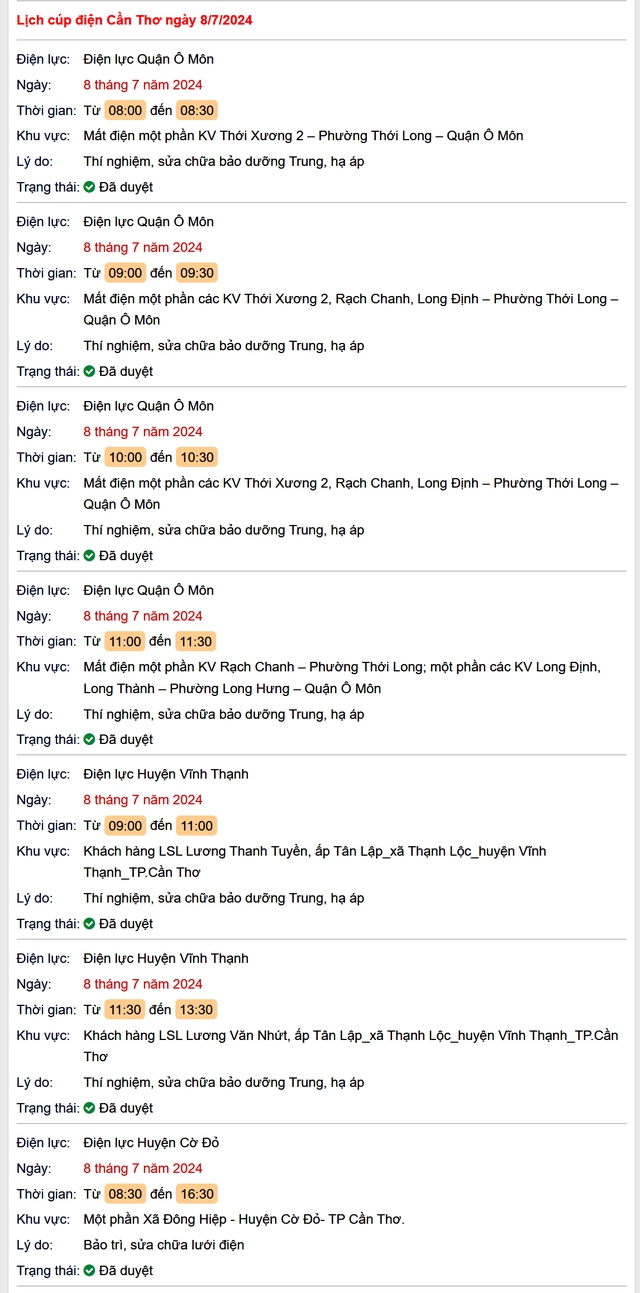 Lịch cúp điện Cần Thơ hôm nay Thứ 2 ngày 8/7- Ảnh 1.