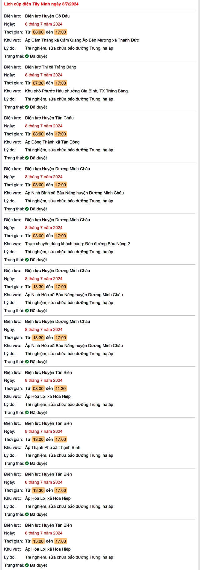 Lịch cúp điện Tây Ninh hôm nay thứ 2 ngày 8/7- Ảnh 1. Lịch cúp điện Tây Ninh hôm nay thứ 2 ngày 8/7- Ảnh 1.