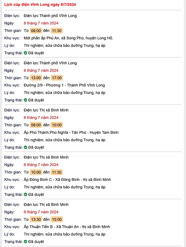 Lịch cúp điện Vĩnh Long hôm nay Thứ 2 ngày 8/7- Ảnh 1. Lịch cúp điện Vĩnh Long hôm nay Thứ 2 ngày 8/7- Ảnh 1.