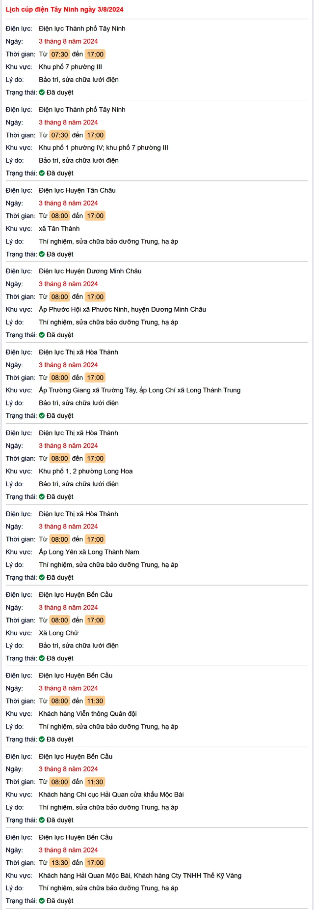 Lịch cúp điện Tây Ninh hôm nay Thứ 7 ngày 3/8- Ảnh 1.