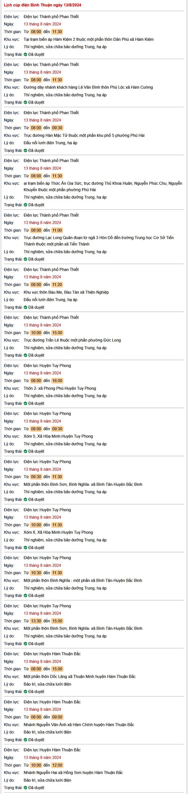 Lịch cúp điện Bình Thuận hôm nay Thứ 3 ngày 13/8- Ảnh 1. Lịch cúp điện Bình Thuận hôm nay Thứ 3 ngày 13/8- Ảnh 1.